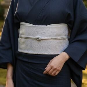 NEW ROCCA Hanhaba Obi Belt Light Gray Reversible Yukata Kimono Elegant Japan NWT
